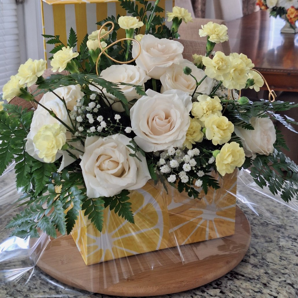 Signature Boxed White Rose and Yellow Flower Floral Arrangement